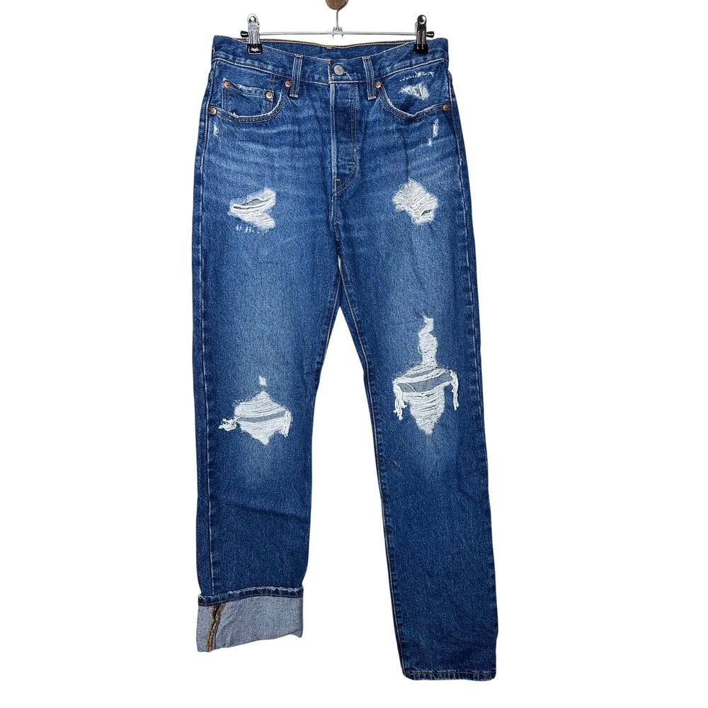 Levi's 501 Denim Jeans Distressed Dark Wash Straight Button Fly Womens Sz 27x32